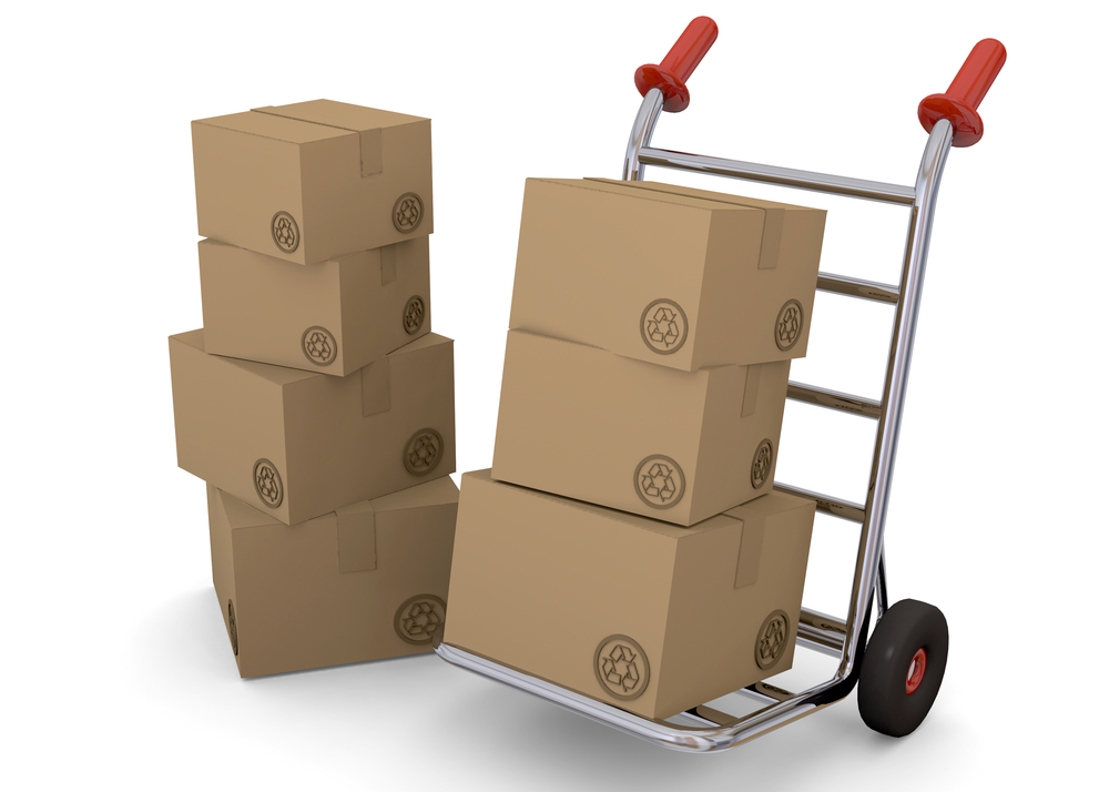 handtruck with stack of returned goods graphic