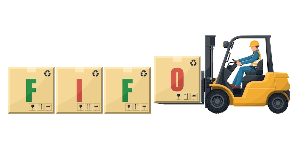 cartoon image of forklift carrying boxes that spell FIFO