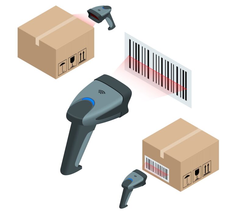 illustration of rf scanners in warehouse operations scanning barcodes on boxes