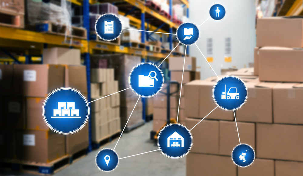 warehouse with erp for convenience distribution icons illustration