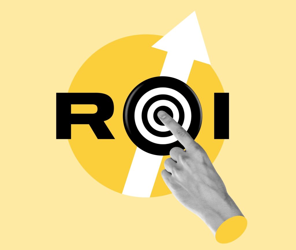 erp roi calculator and guide graphic with hand pointing to bullseye and arrow