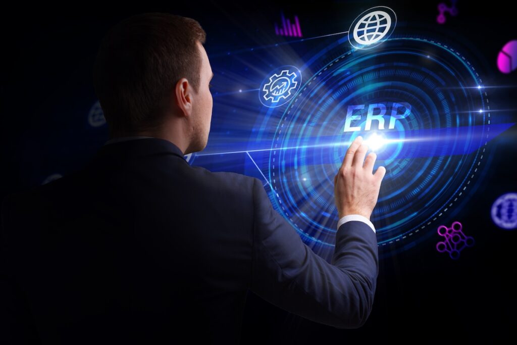 man touching future of erp systems graphic