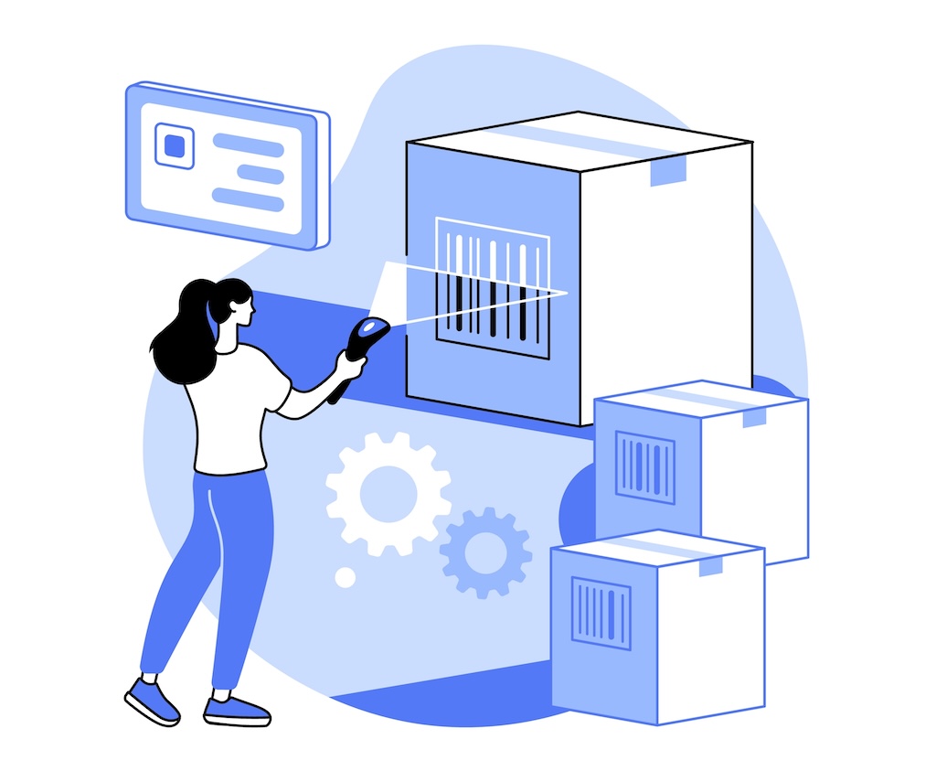 illustration of woman scanning barcode on box for erp system