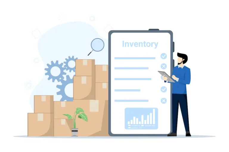 manager standing next to warehouse inventory management software illustration