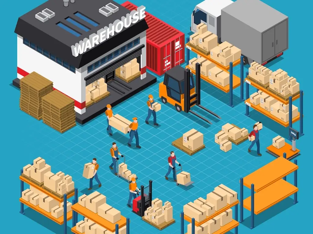 isometric illustration of warehouse layout, workers, and racks