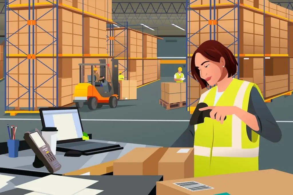 illustration of female warehouse worker scanning in order fulfillment process