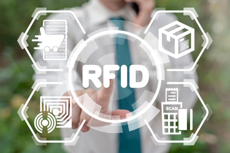 businessman with rfid graphic overlay