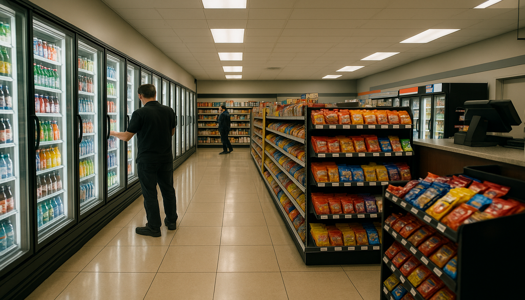"Modern convenience store with clerk restocking and shopper browsing, highlighting ERP for scalability in distribution."