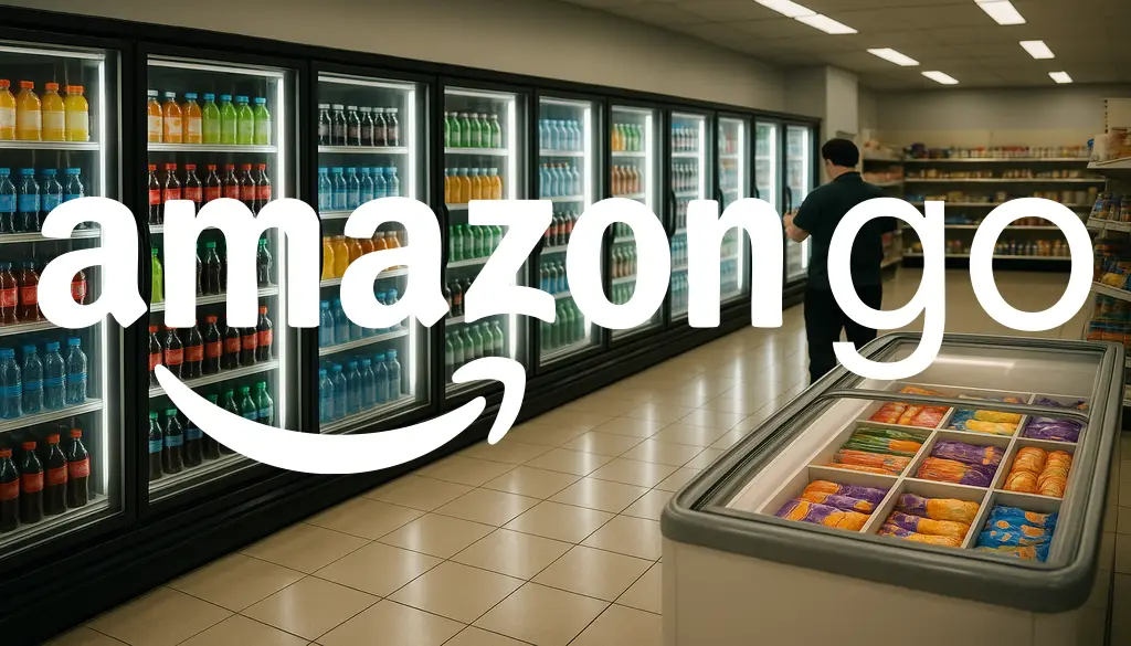 Amazon Go store interior with glowing drink coolers and ice cream freezer, clerk stocking shelves.