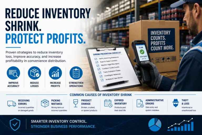 Warehouse worker using a handheld scanner to verify inventory while reviewing a shrink prevention checklist in a distribution center, illustrating strategies to reduce inventory shrink and improve inventory accuracy.