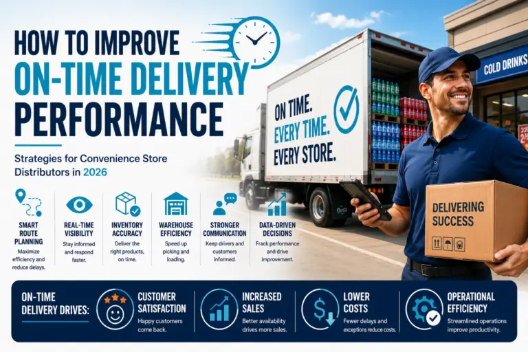 Convenience store delivery driver holding a package and mobile device beside a stocked delivery truck, illustrating on-time delivery performance, route optimization, inventory accuracy, and distribution efficiency.