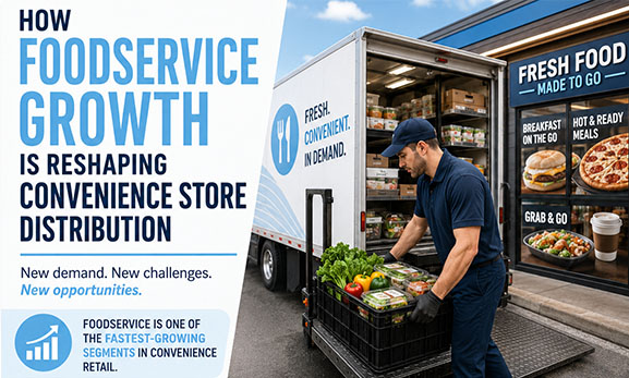 Foodservice delivery driver unloading fresh food products from a refrigerated truck outside a convenience store, illustrating the growth of foodservice distribution, inventory management, delivery performance, and fresh food logistics in 2026.