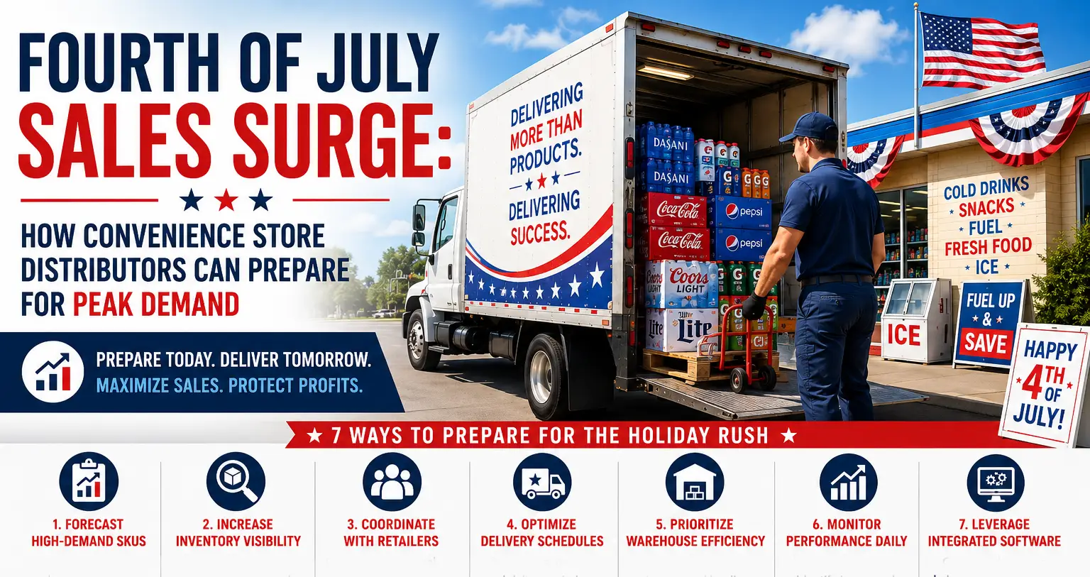 Delivery driver unloading beverages and convenience products from a truck outside a convenience store decorated for the Fourth of July, illustrating strategies for managing peak holiday demand through inventory planning and efficient distribution.