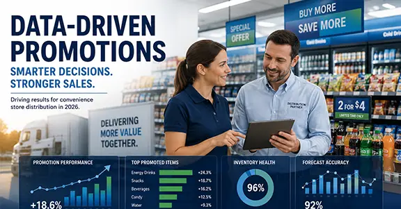 Two business professionals reviewing promotional sales data on a tablet inside a convenience store, with analytics dashboards displaying inventory performance, sales trends, and forecasting insights.