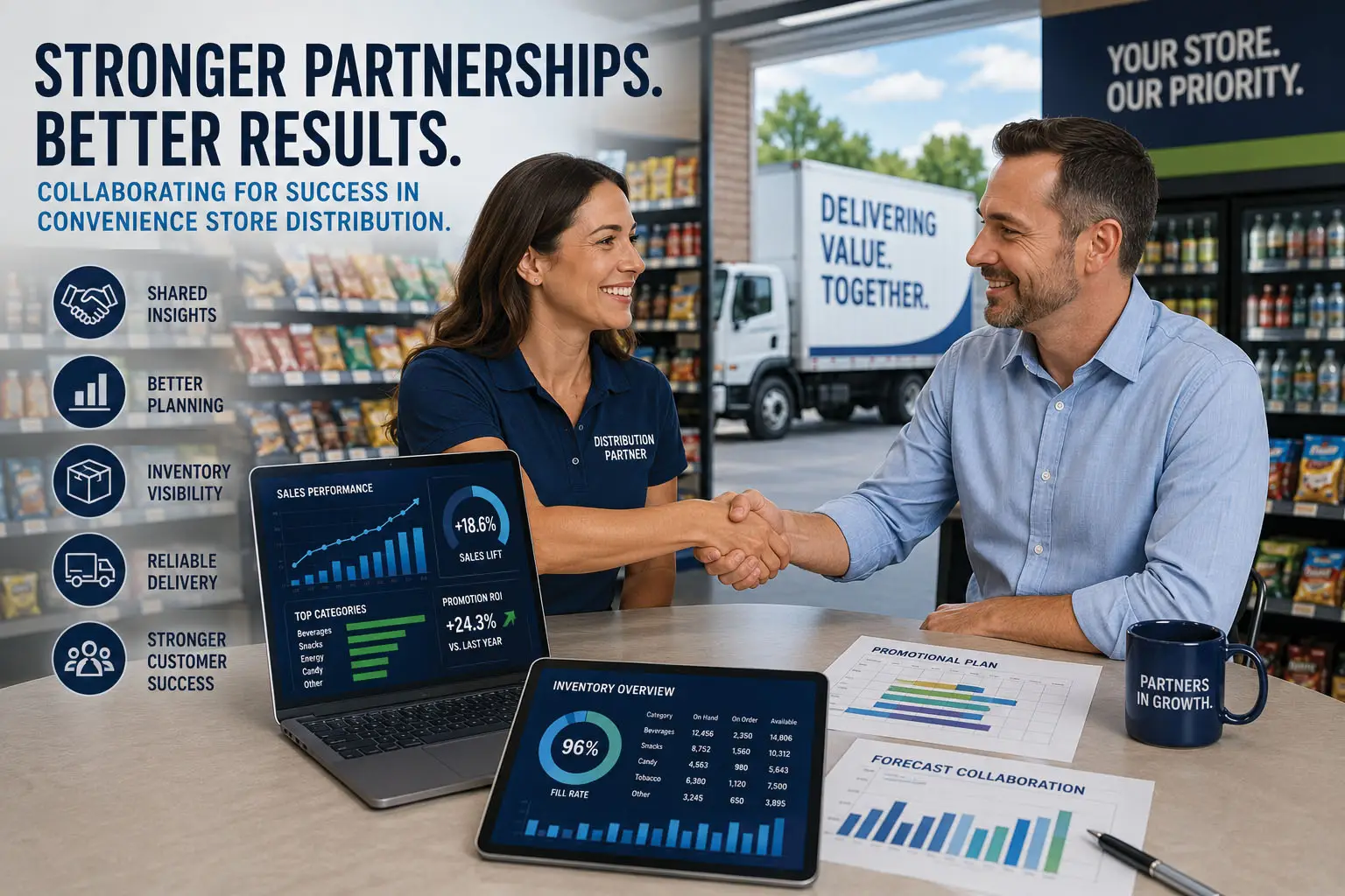 Two business professionals shaking hands inside a convenience store while reviewing sales analytics and inventory dashboards, illustrating retailer collaboration, data-driven planning, and partnership in convenience store distribution.