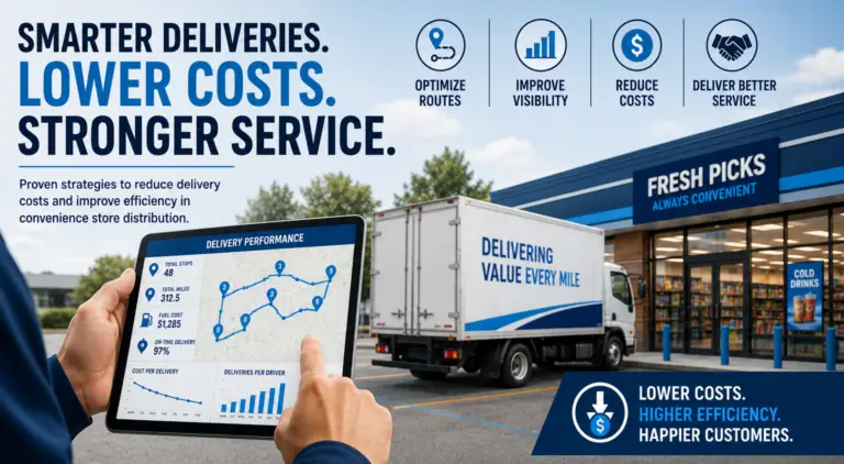 A delivery truck parked outside a convenience store while a dispatcher reviews route optimization and delivery performance dashboards on a tablet, illustrating how distribution software helps reduce delivery costs, improve efficiency, and enhance customer service.
