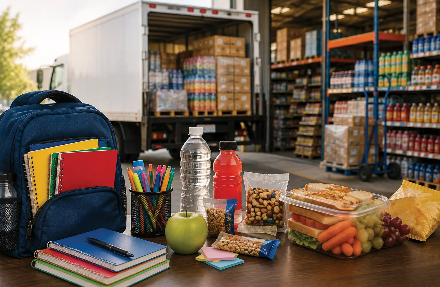 Back-to-school supplies, snacks, beverages, and grab-and-go food displayed in front of a stocked delivery truck and distribution warehouse, illustrating seasonal demand planning for convenience store distributors.