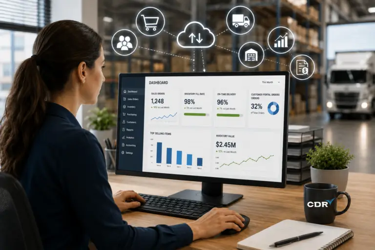 Distribution analytics dashboard on a laptop with connected sales, inventory, delivery, customer, reporting, and financial system icons in a warehouse setting.