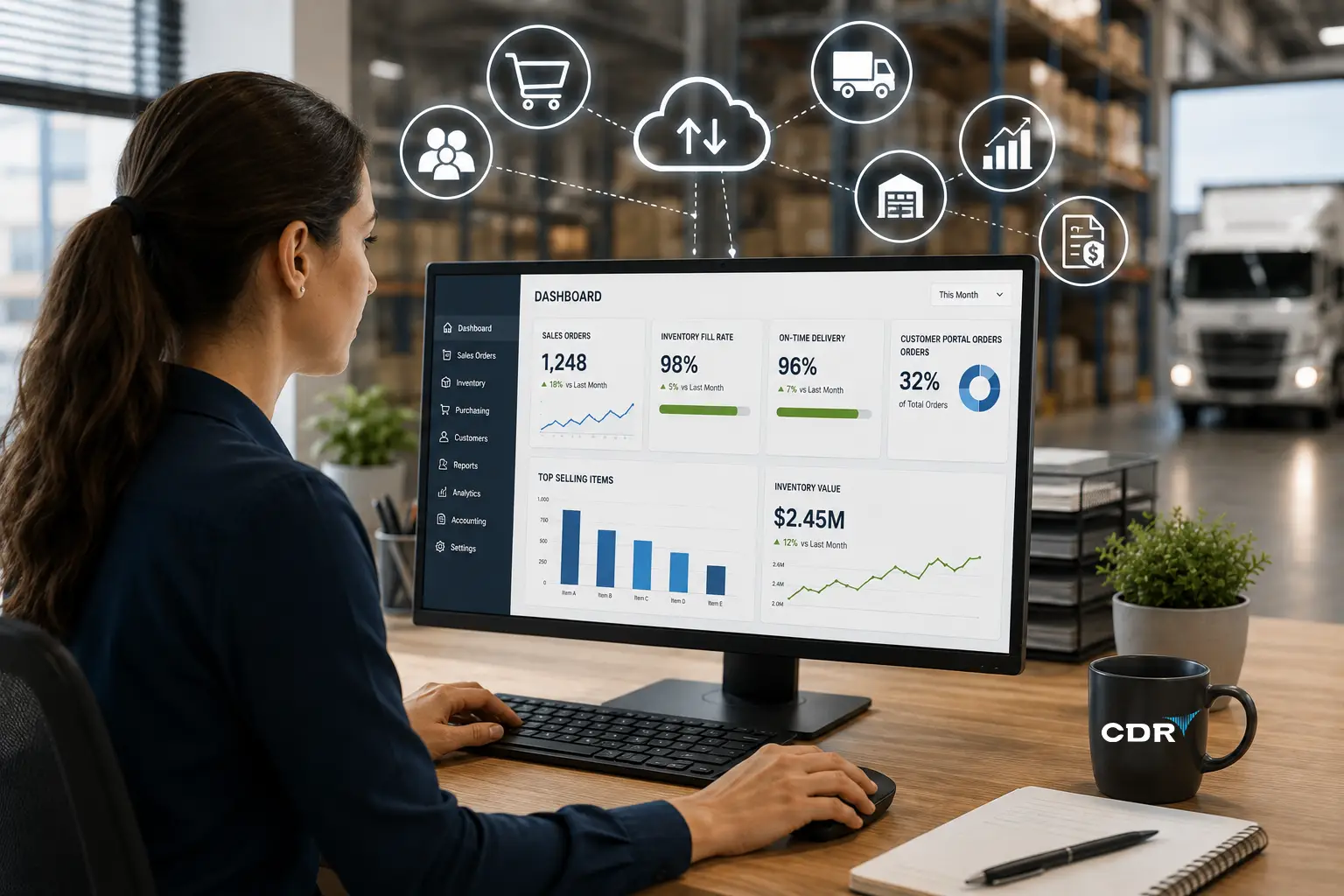 Distribution analytics dashboard on a laptop with connected sales, inventory, delivery, customer, reporting, and financial system icons in a warehouse setting.