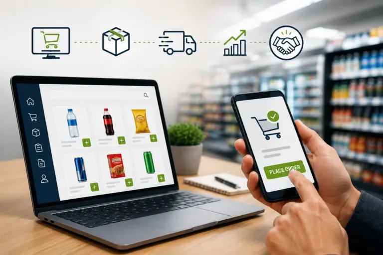 Retailer using a smartphone and laptop to place a digital product order, illustrating B2B online ordering for convenience store distributors.