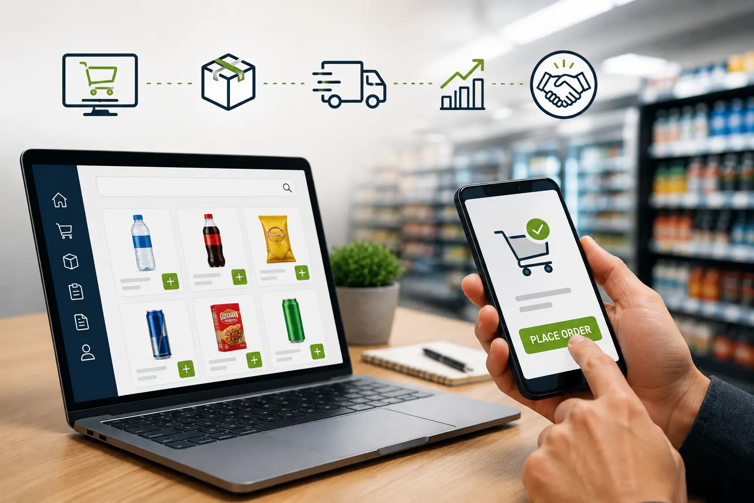 Retailer using a smartphone and laptop to place a digital product order, illustrating B2B online ordering for convenience store distributors.