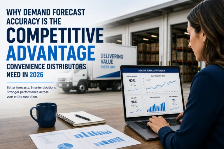 Business professional reviewing demand forecasting analytics on a laptop inside a warehouse office with a delivery truck in the background, illustrating forecast accuracy, inventory planning, and distribution performance.