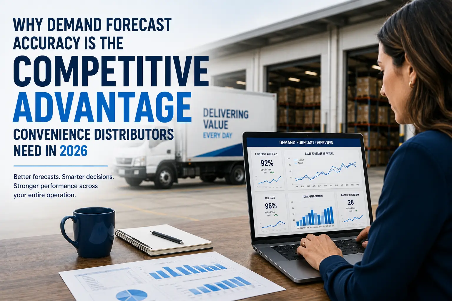 Business professional reviewing demand forecasting analytics on a laptop inside a warehouse office with a delivery truck in the background, illustrating forecast accuracy, inventory planning, and distribution performance.
