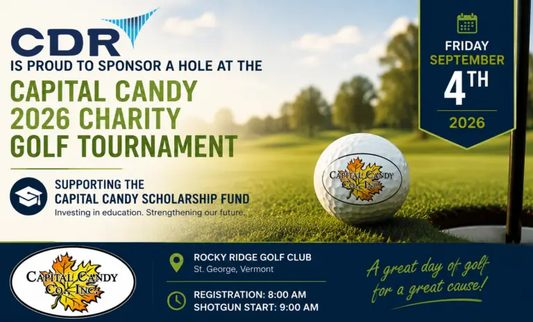 CDR Software hole sponsorship for the Capital Candy 2026 Charity Golf Tournament on September 4 at Rocky Ridge Golf Club in St. George, Vermont, supporting the Capital Candy Scholarship Fund.