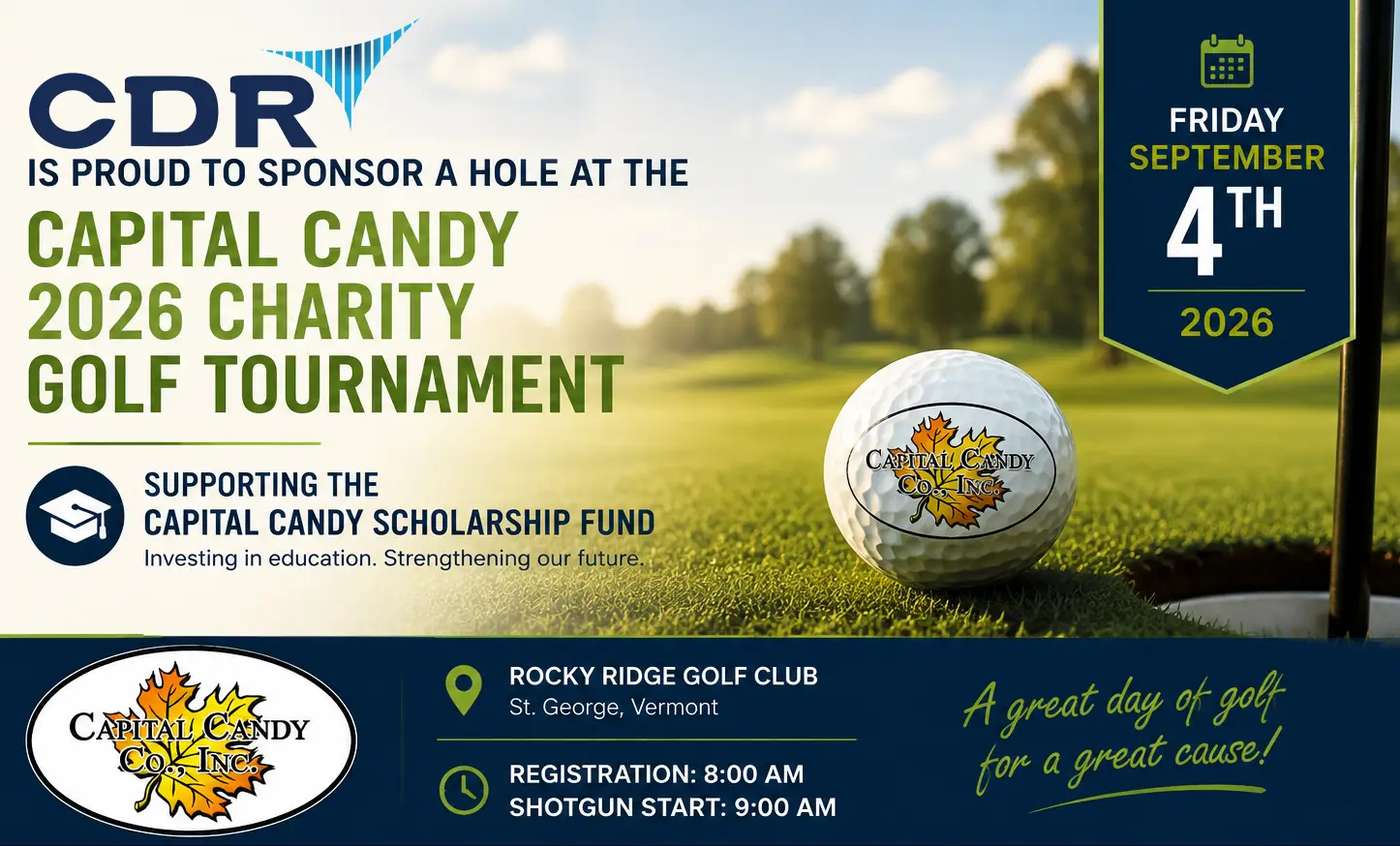 CDR Software hole sponsorship for the Capital Candy 2026 Charity Golf Tournament on September 4 at Rocky Ridge Golf Club in St. George, Vermont, supporting the Capital Candy Scholarship Fund.