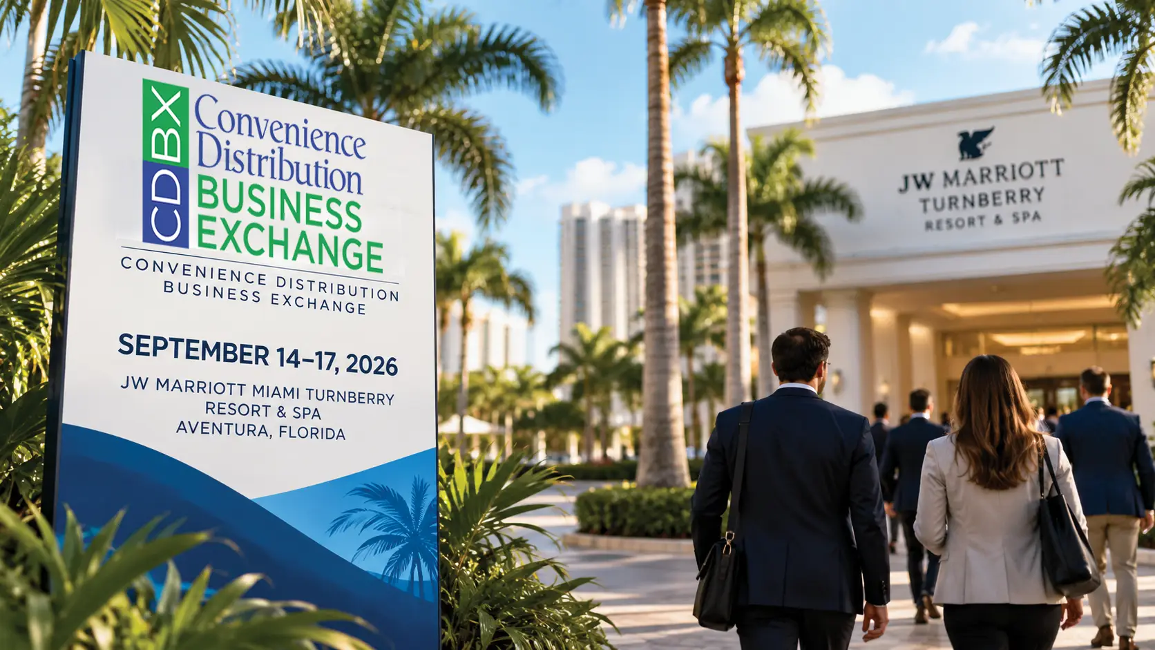 CDBX 2026 event sign outside JW Marriott Miami Turnberry Resort & Spa in Aventura, Florida, with conference attendees arriving for the Convenience Distribution Business Exchange.