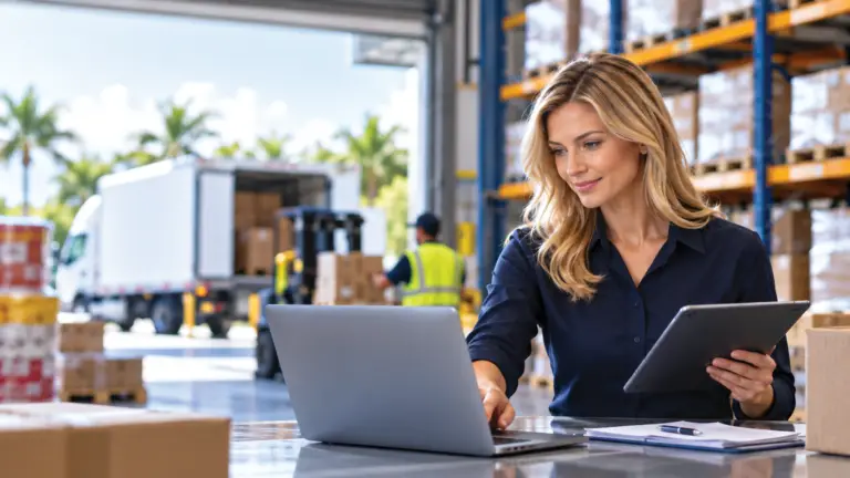 Distribution professional using a laptop and tablet in a busy warehouse with employees, inventory, and a delivery truck in the background.
