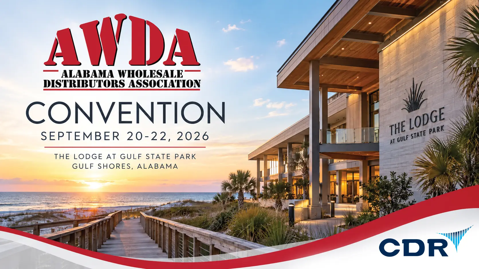 AWDA 2026 Convention at The Lodge at Gulf State Park in Gulf Shores, Alabama, overlooking the Gulf Coast at sunset.