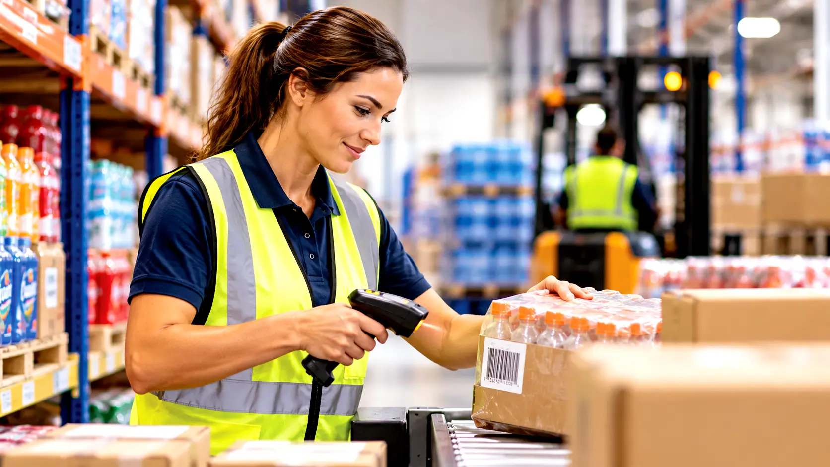 Warehouse employee using a barcode scanner to verify a beverage case during order picking in a convenience store distribution center.
