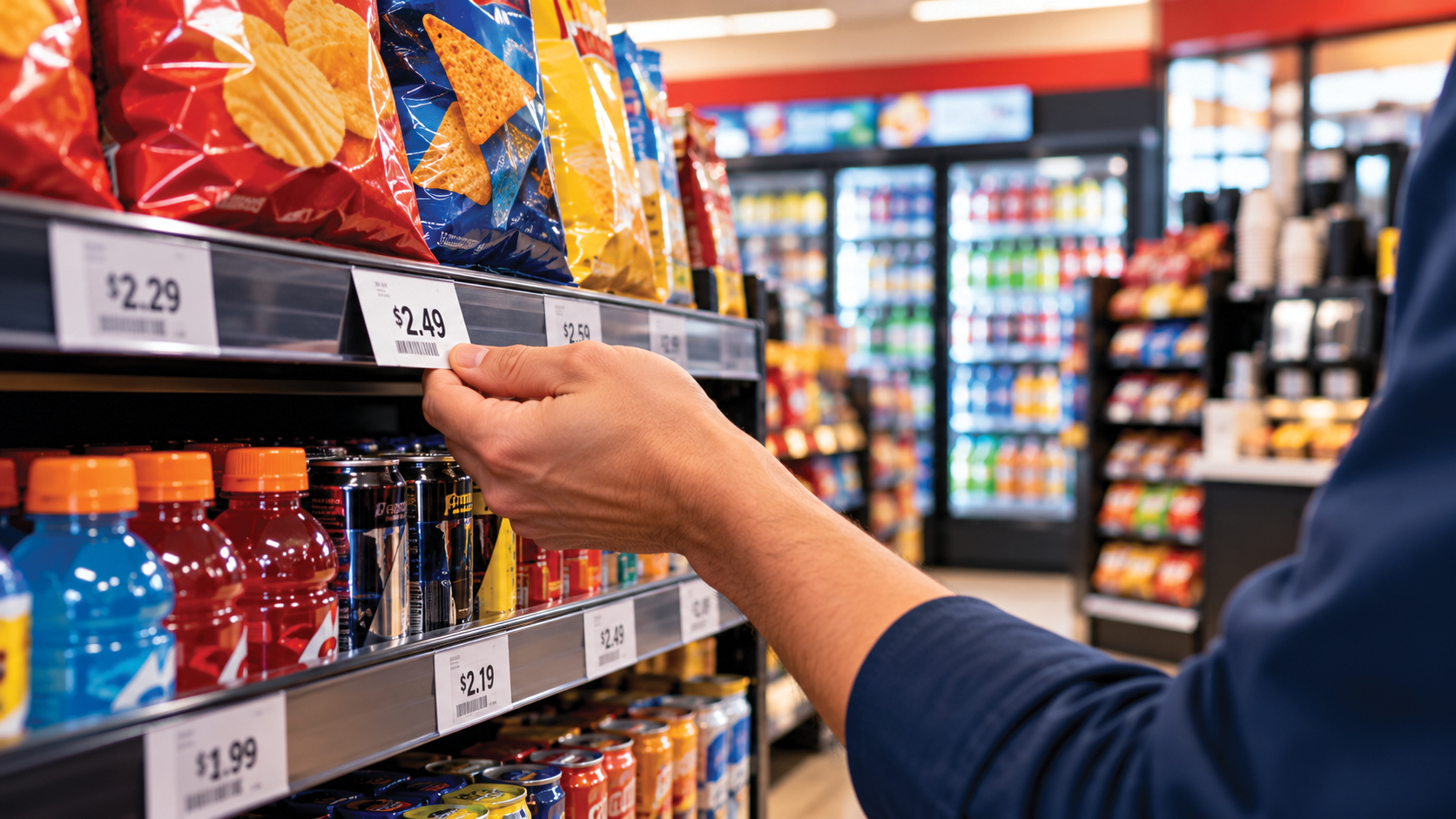 Convenience store employee updating a $2.49 shelf price tag among snacks and beverages, illustrating pricing accuracy and profit margin management in convenience distribution.