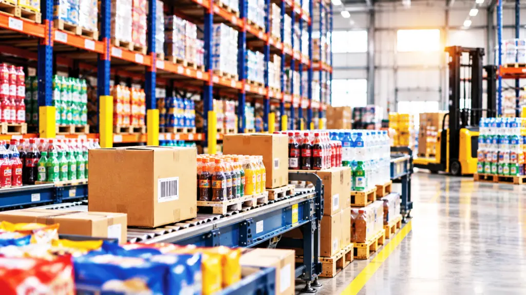 Modern convenience store distribution warehouse with organized beverage inventory, barcode-labeled boxes, conveyor systems, pallet racks, and material-handling equipment.