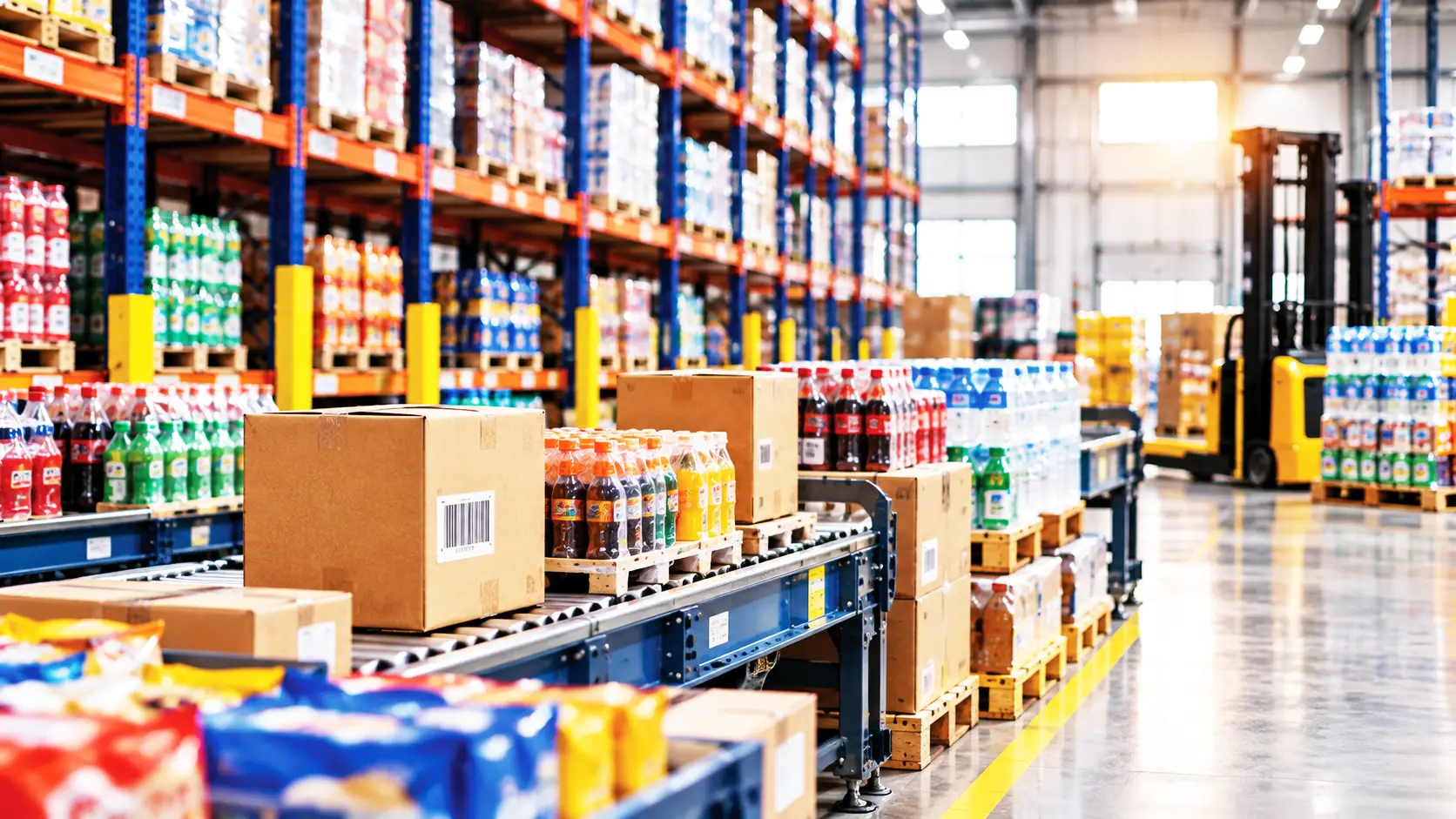 Modern convenience store distribution warehouse with organized beverage inventory, barcode-labeled boxes, conveyor systems, pallet racks, and material-handling equipment.